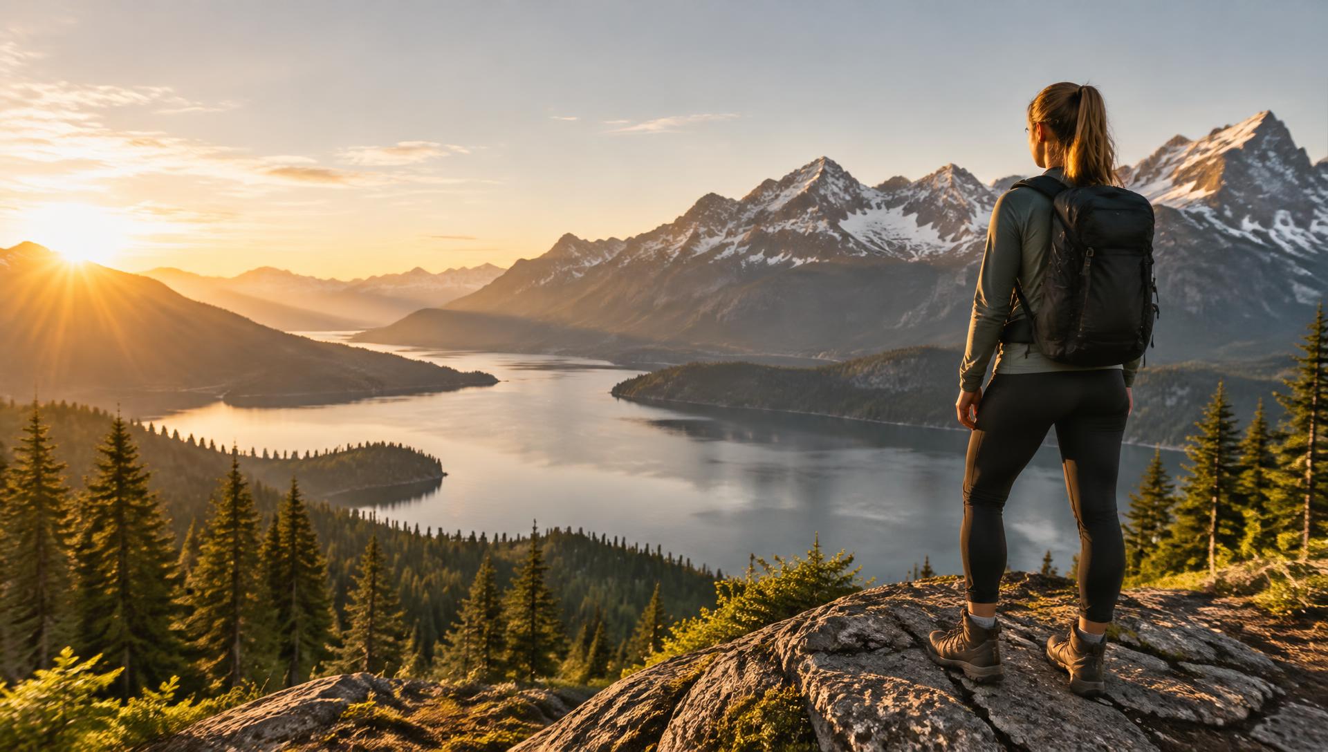A woman looking out over a mountain lake at sunrise